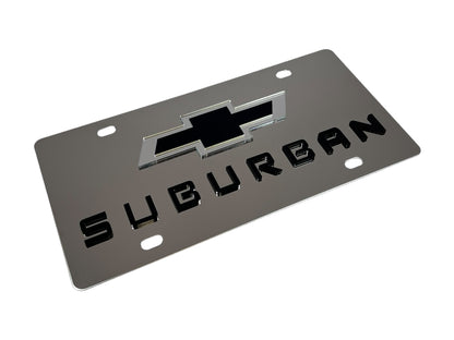 a silver license plate with the word suburban on it