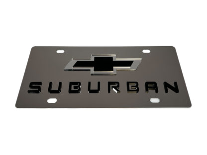 a metal license plate with the word suburban on it