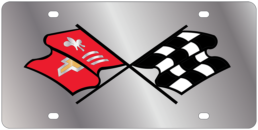 a metal plate with two racing flags on it