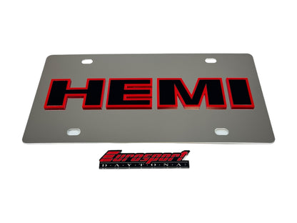 a metal license plate with the word hemi on it