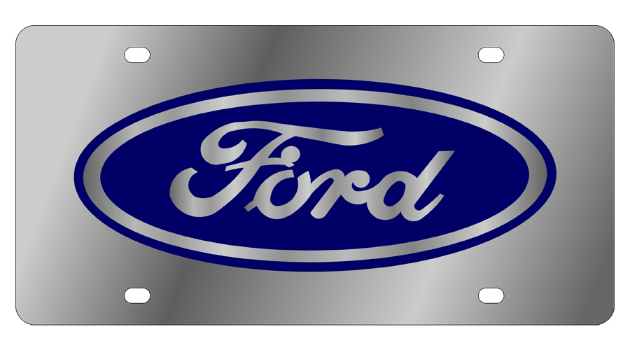 a blue and silver ford emblem on a metal plate