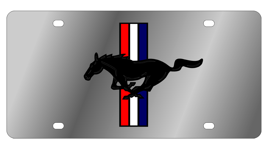 a horse jumping over a red white and blue stripe