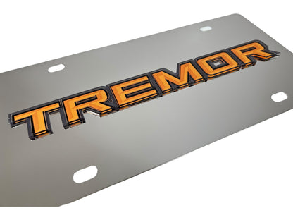 a metal license plate with the word tremor on it