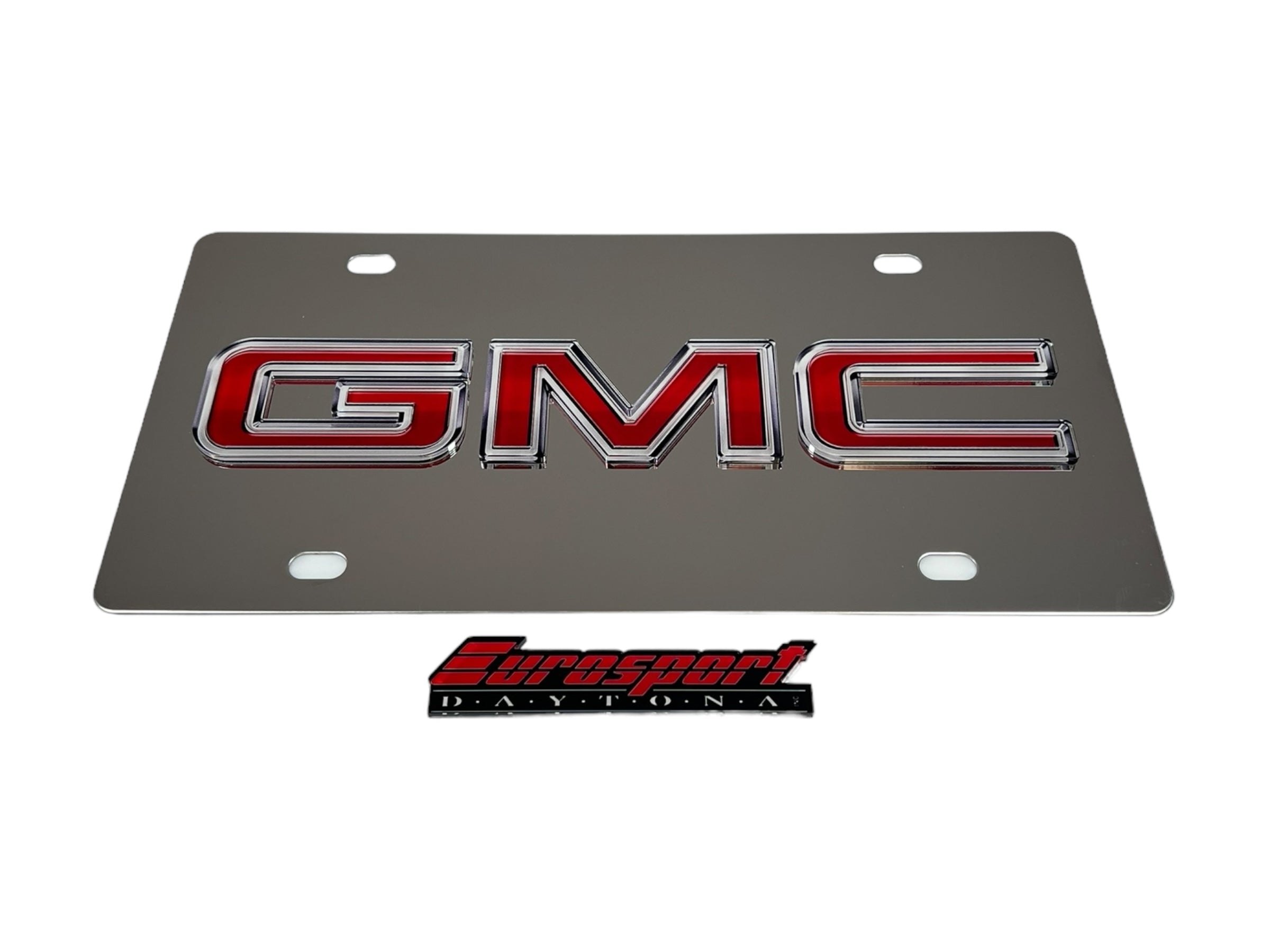 the gmc emblem on a silver license plate