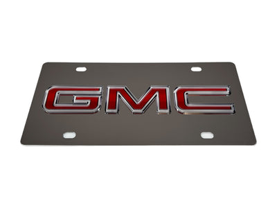 the gmc emblem on a chrome license plate