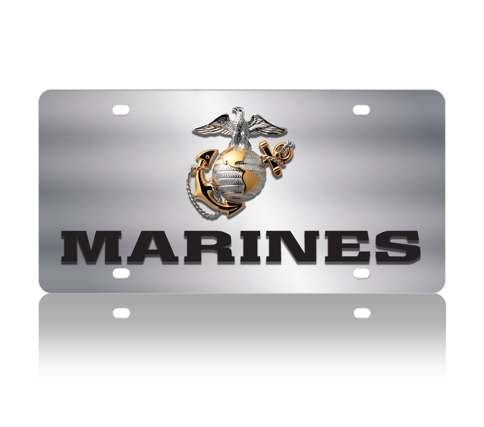 a metal license plate with a marine emblem