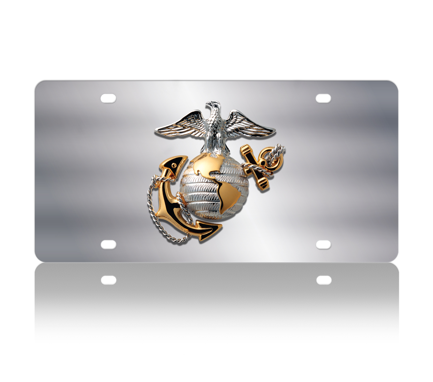 a metal license plate with a marine emblem