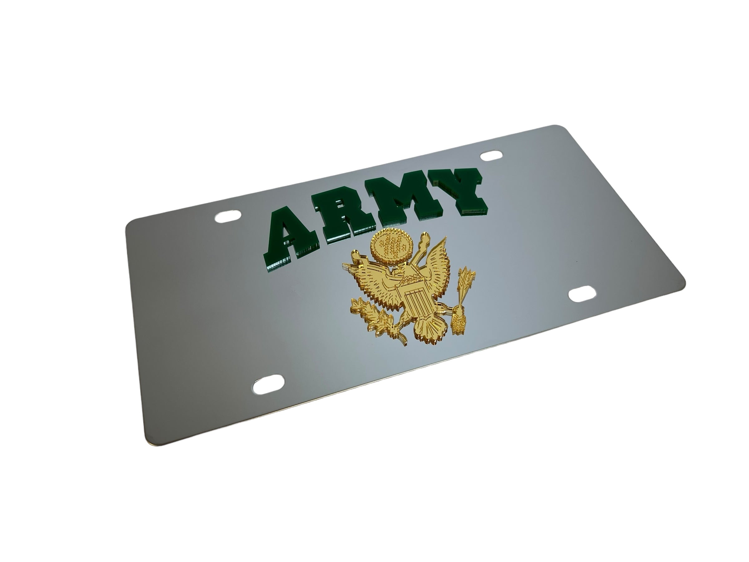 a metal license plate with the word army on it