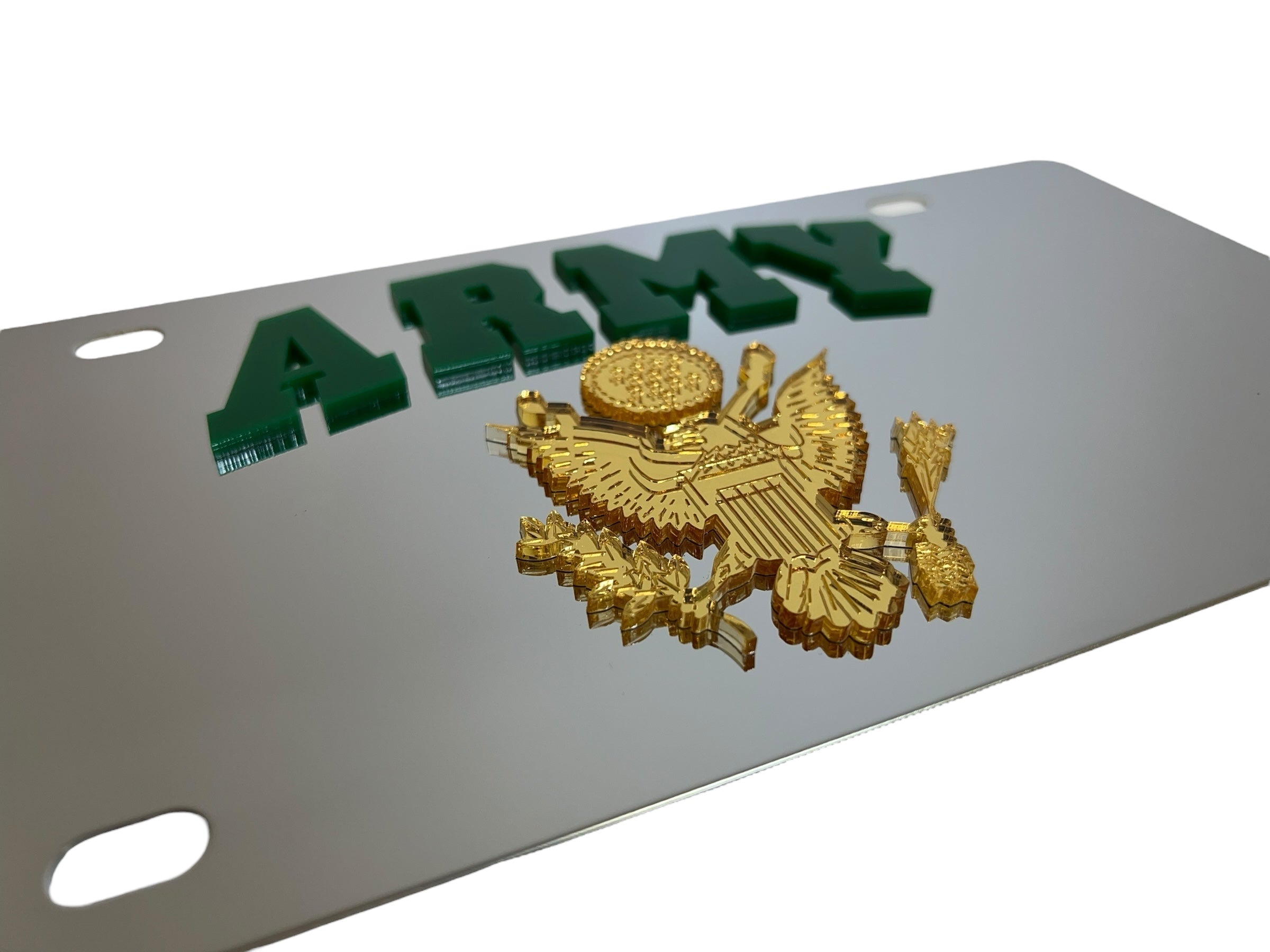 a metal license plate with an army emblem