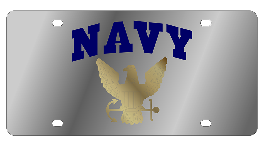 a metal license plate with a navy eagle on it