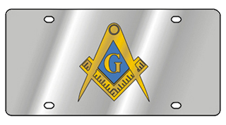 a metal license plate with a masonic symbol