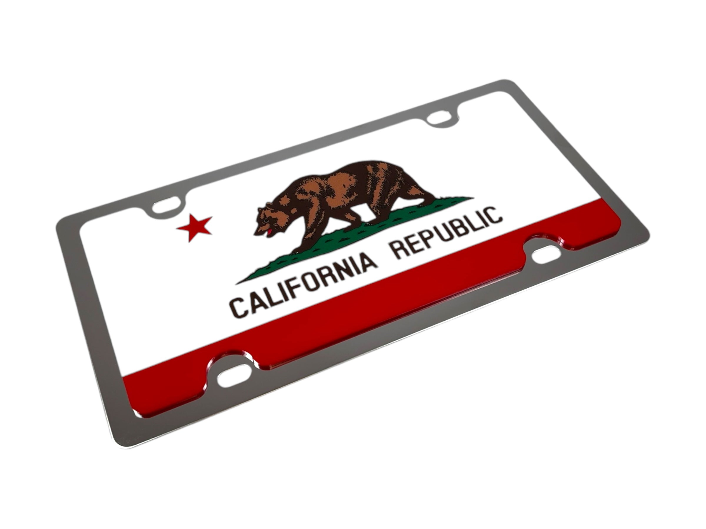 a metal license plate with the flag of california