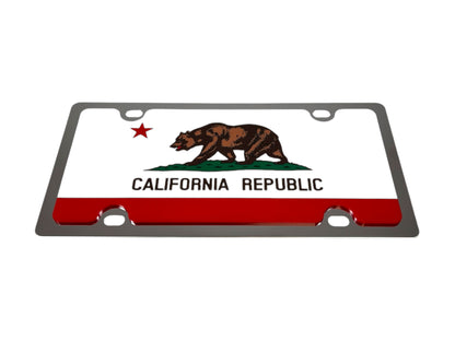 a metal license plate with the flag of california