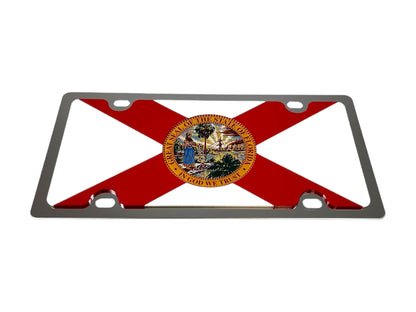 a metal license plate with a flag of the state of florida