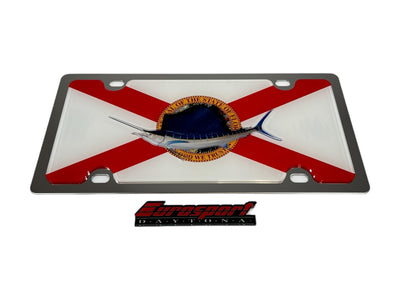 a license plate with a flag and a fish on it