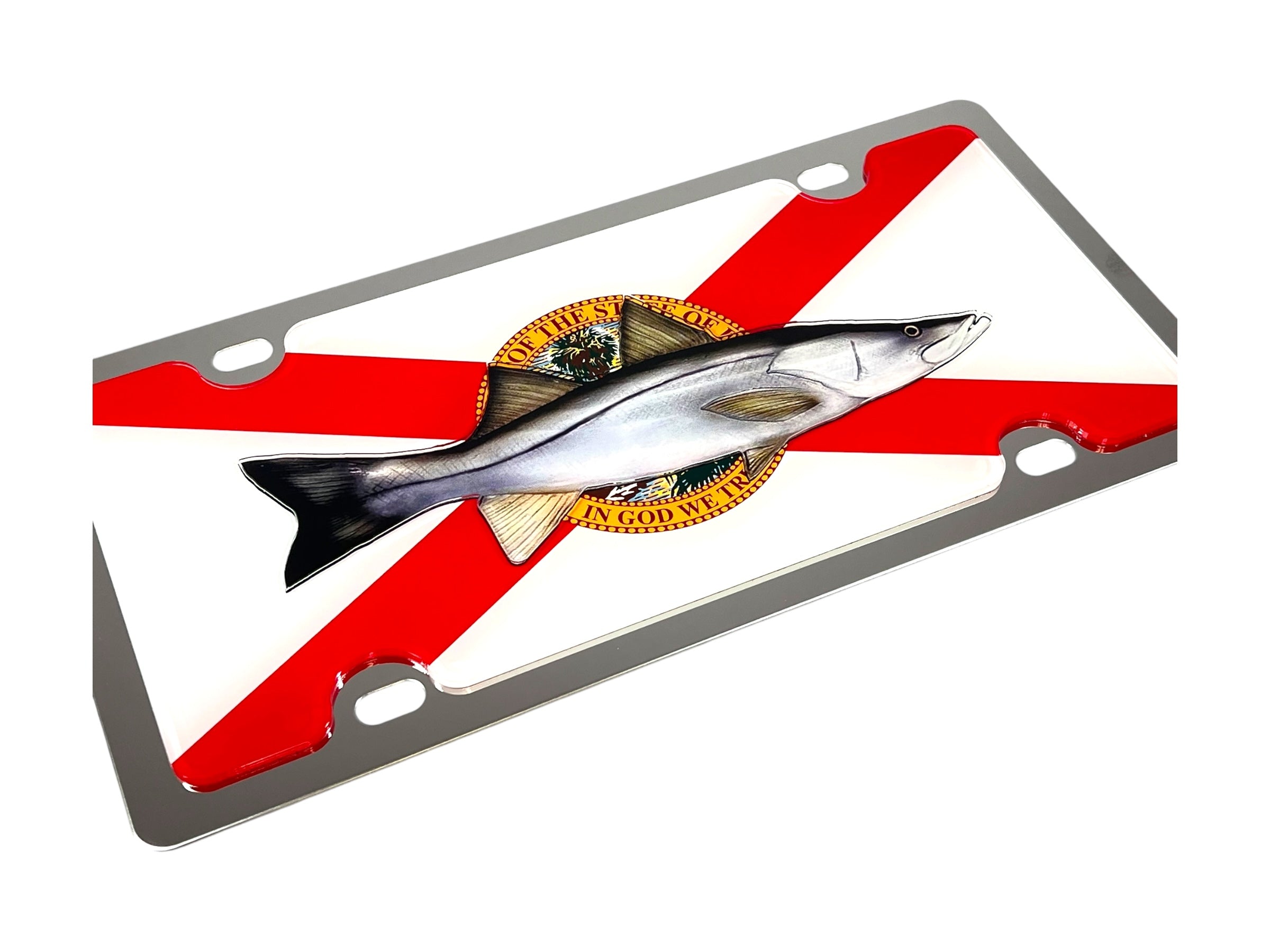 a metal license plate with a fish on it