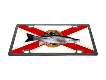 a metal license plate with a fish on it