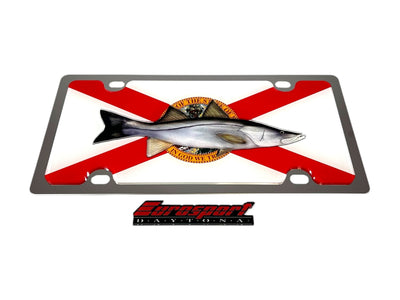 a metal license plate with a fish on it