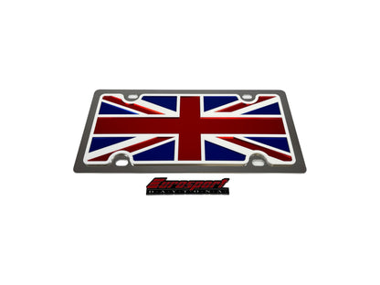 a metal plate with a british flag on it