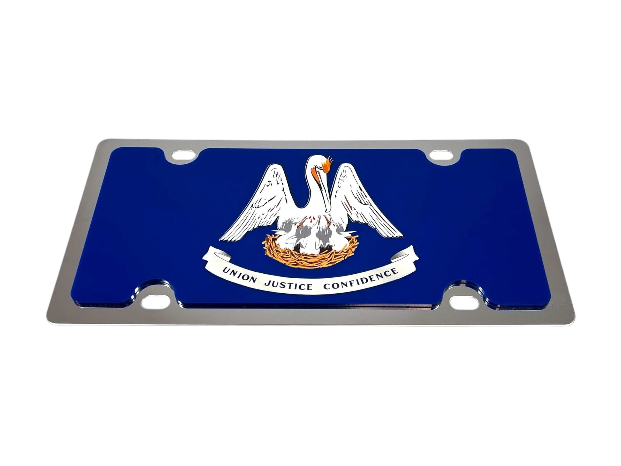 a blue license plate with two white birds on it