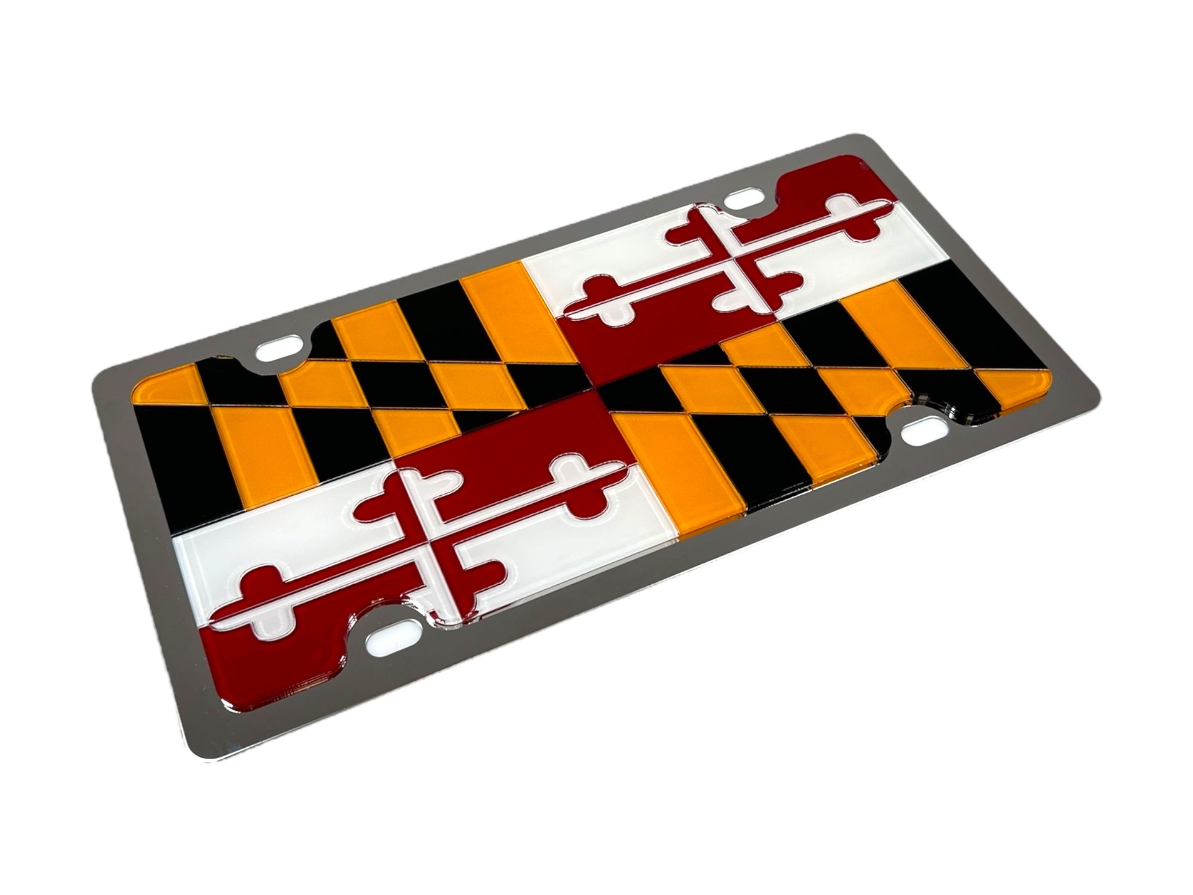 a metal license plate with a red, black, and yellow design