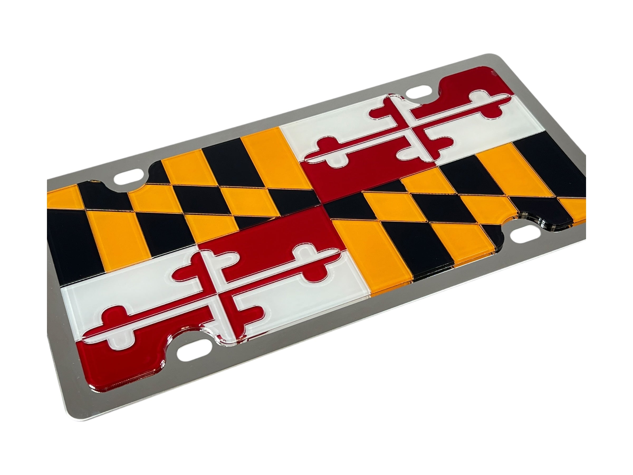 a metal license plate with a red, yellow and black design