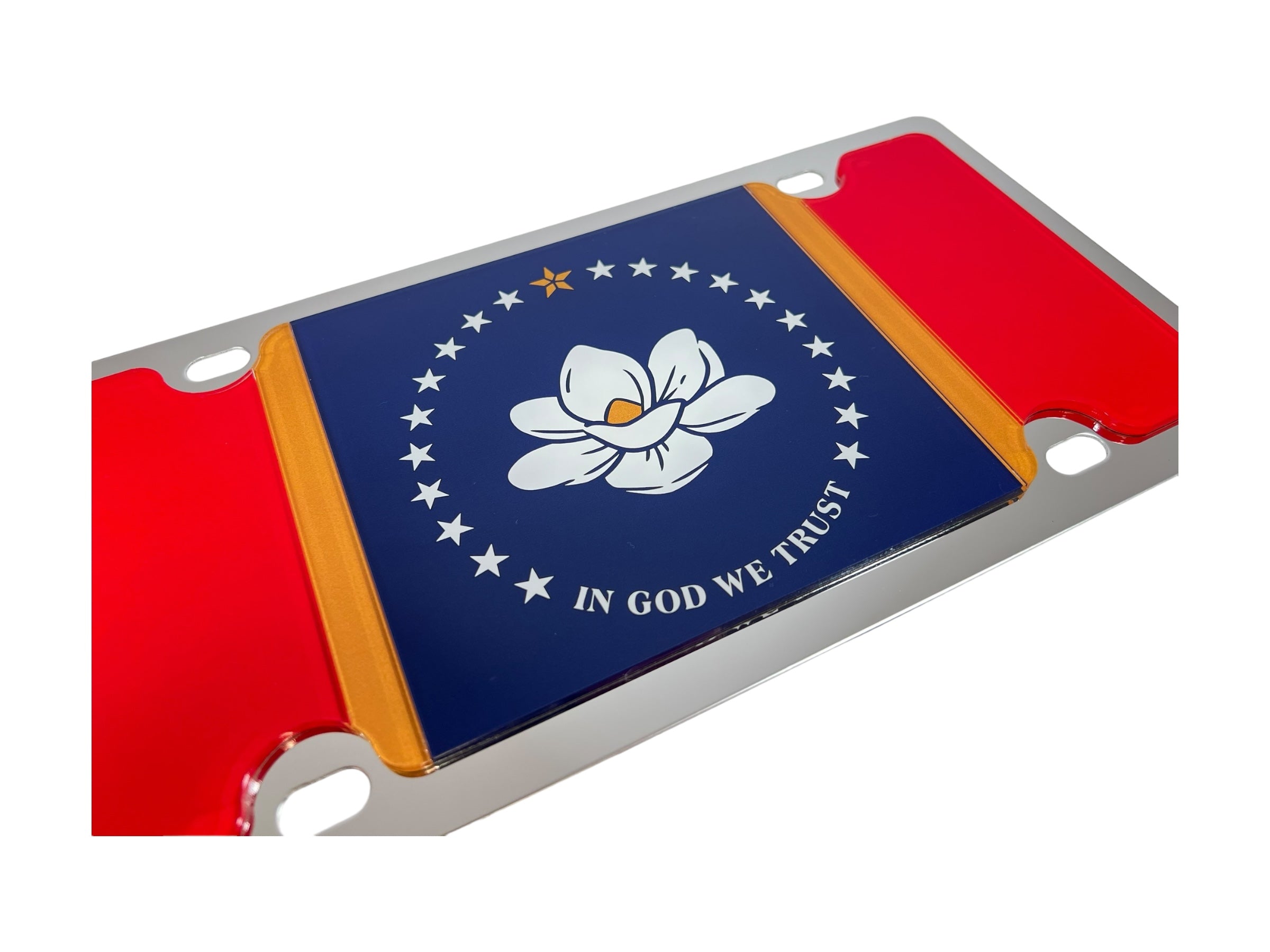 a red, white, and blue license plate with a flower on it