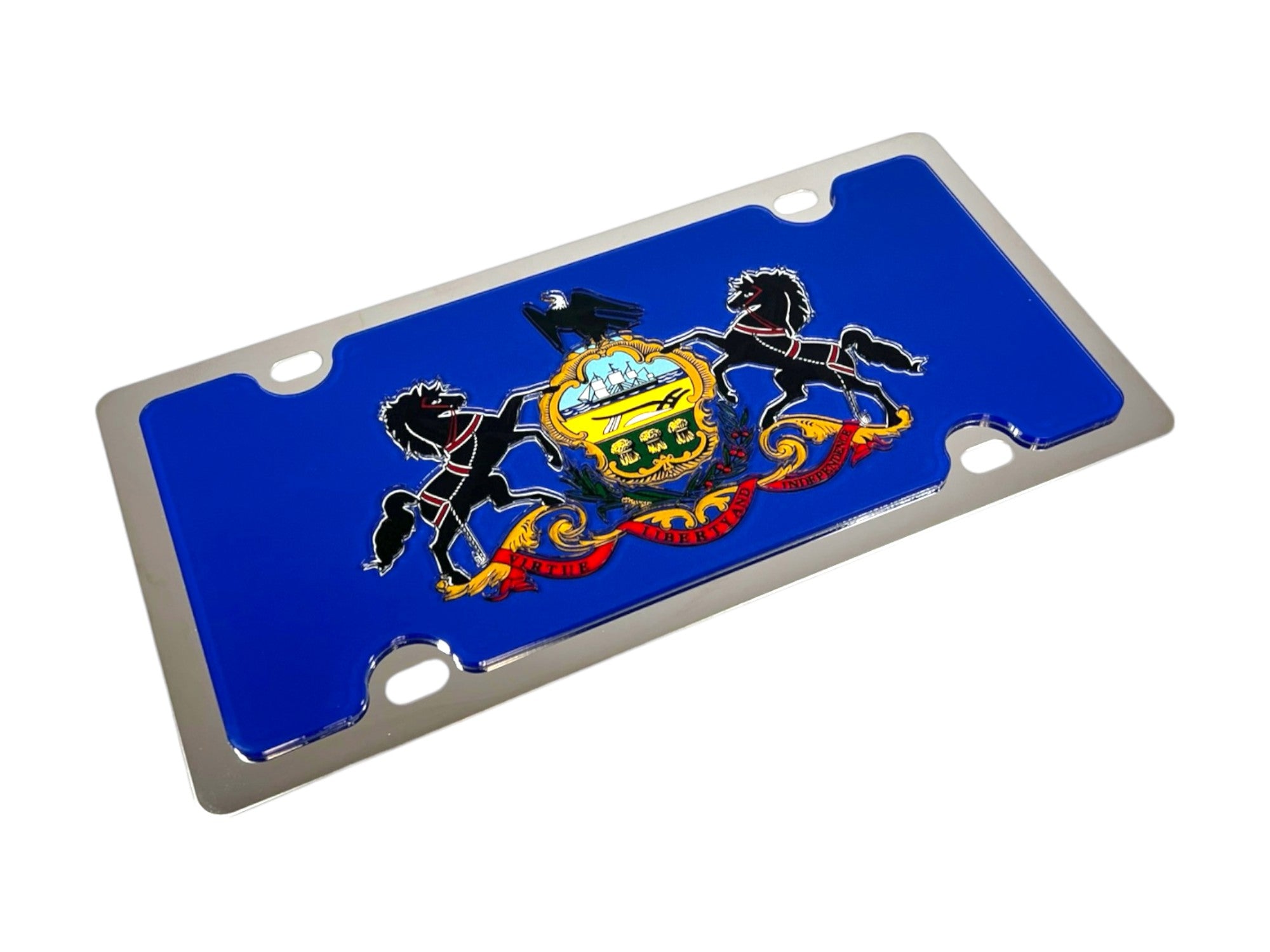 a blue license plate with a coat of arms on it