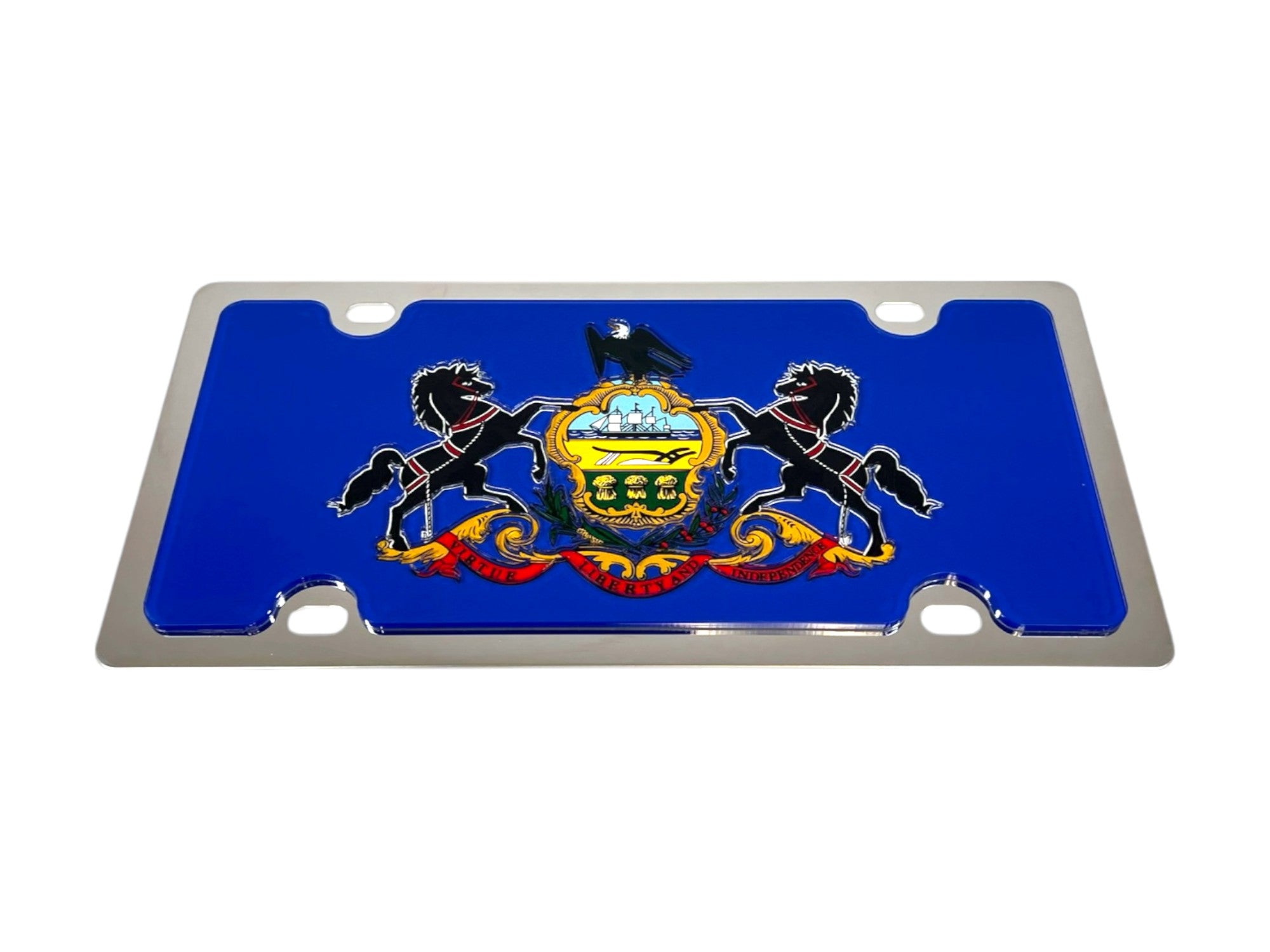 a blue license plate with a coat of arms on it