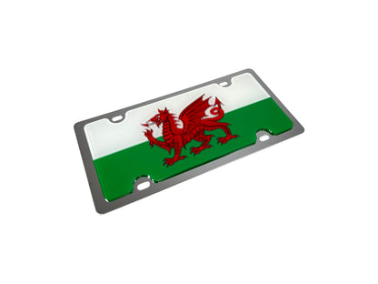 a green and white license plate with a red dragon on it