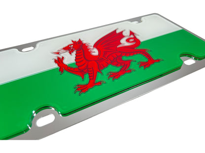 a green and white license plate with a red dragon on it