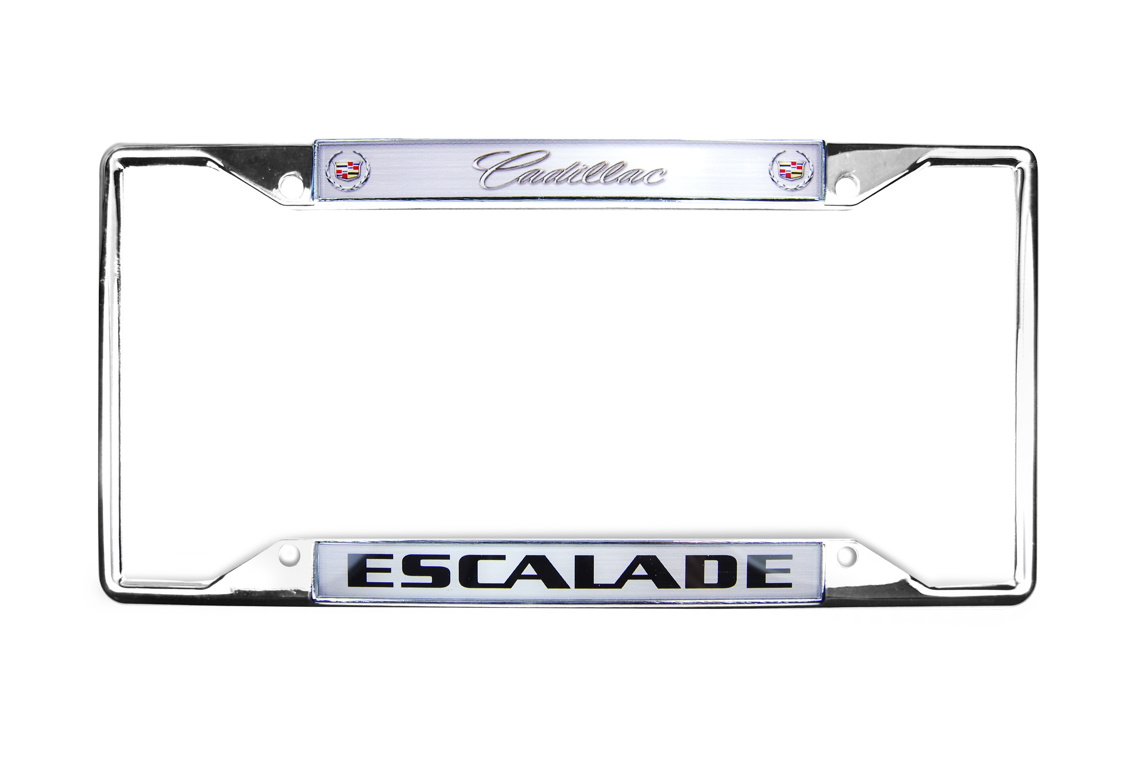 a chrome license plate frame with the word escalade on it