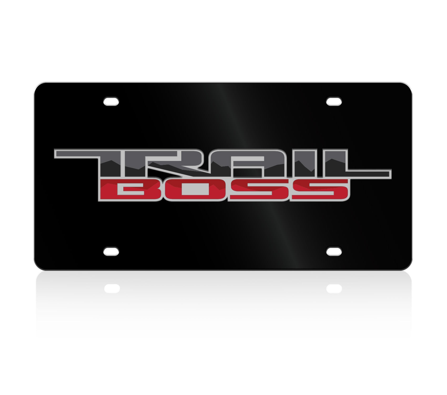 a black license plate with the word trail boss on it