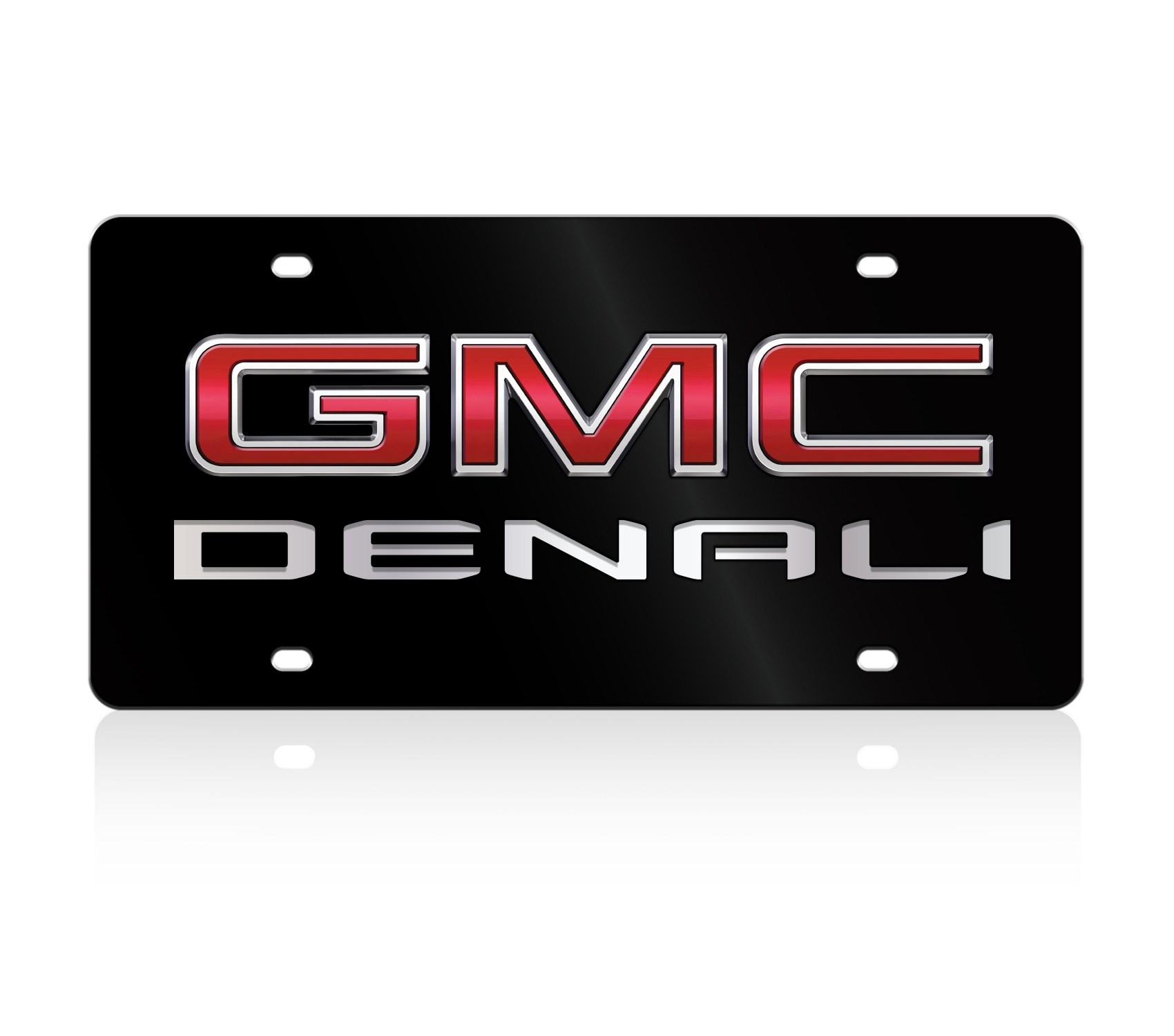 a black license plate with the gmc denali logo