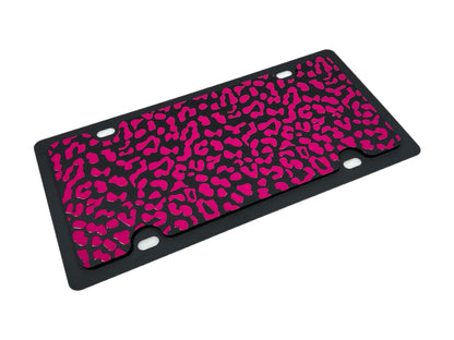 a pink and black leopard print license plate