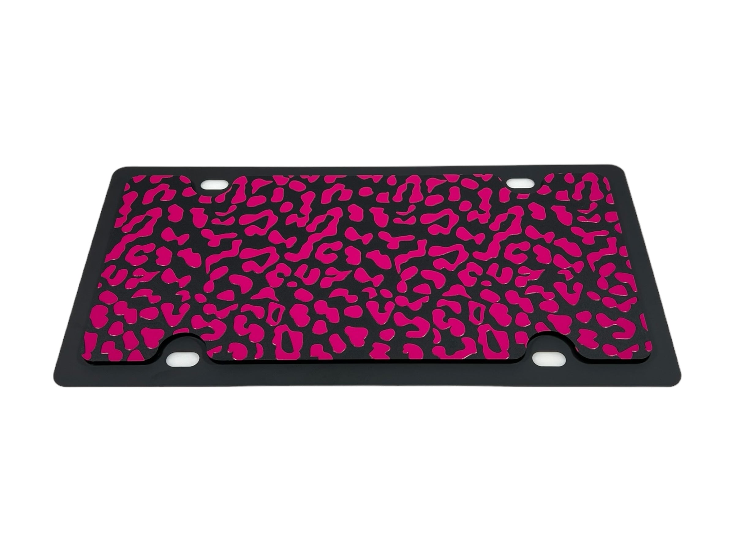 a pink and black leopard print license plate