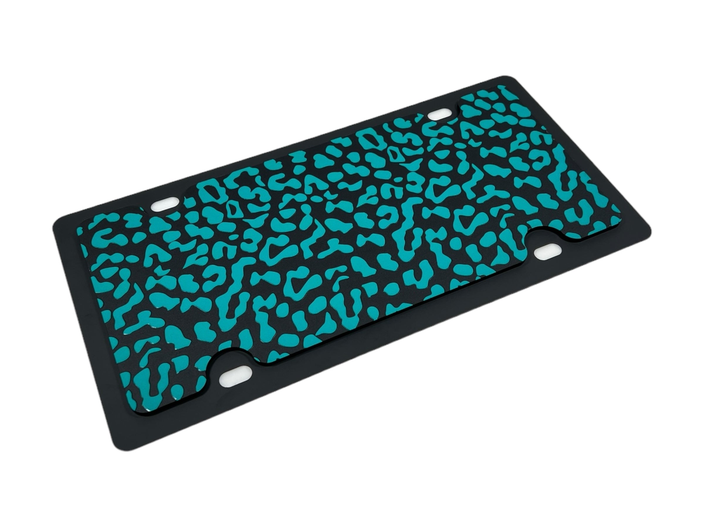 a blue and black leopard print license plate