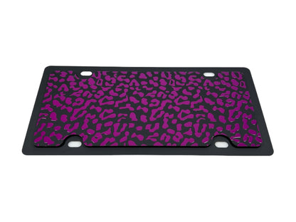 a purple and black leopard print license plate