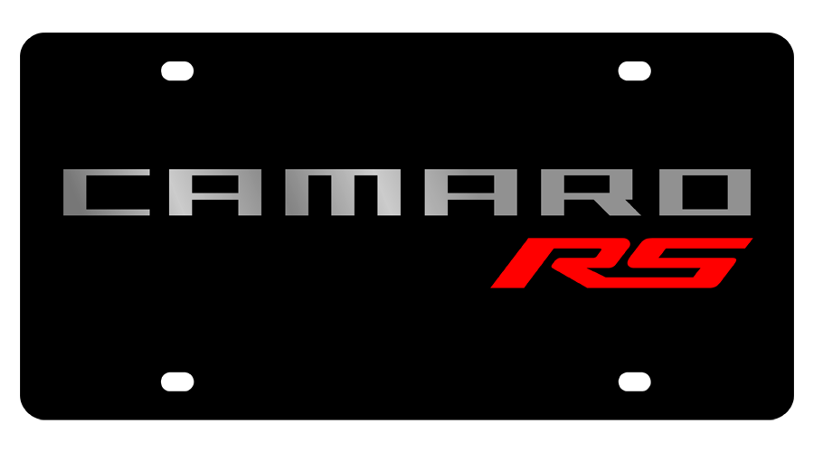 a black and red logo with the words camaro rs