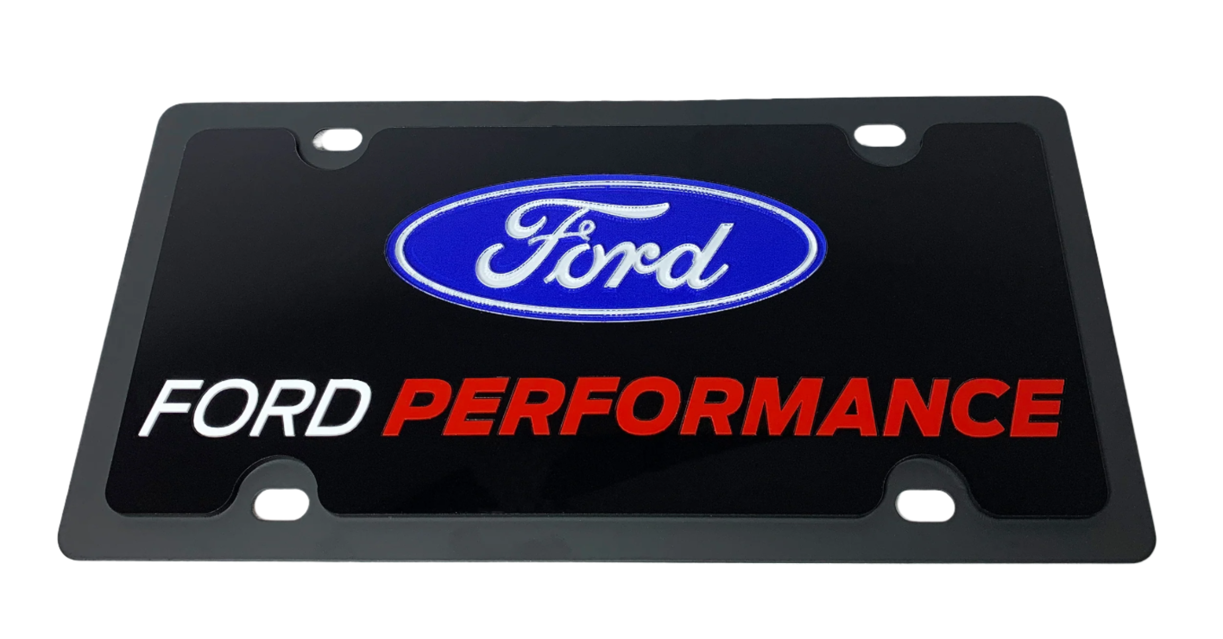 a black license plate with the ford performance logo on it