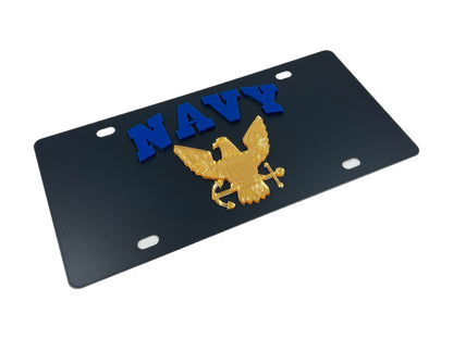 a navy license plate with an eagle on it