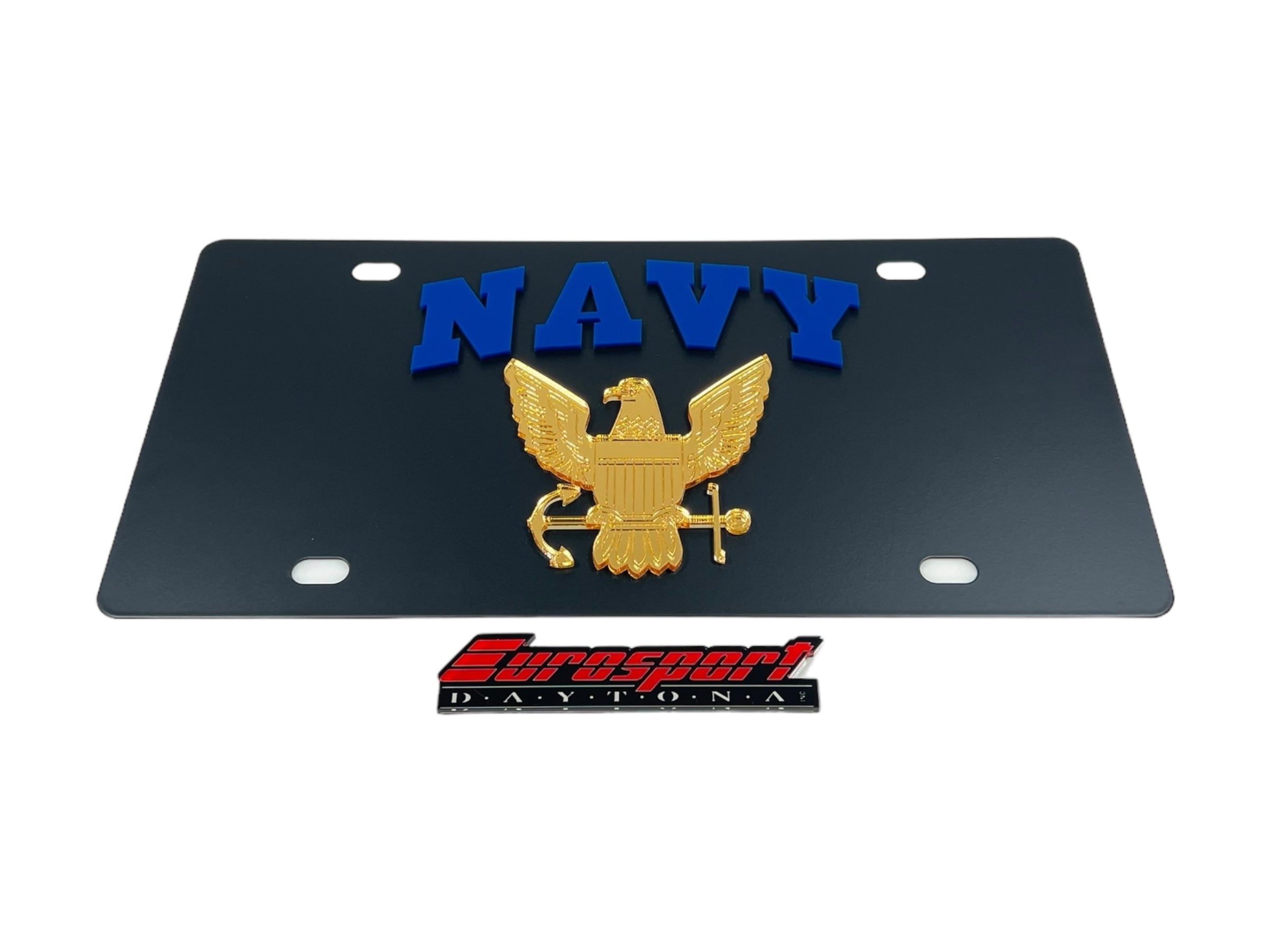 a navy license plate with an eagle on it