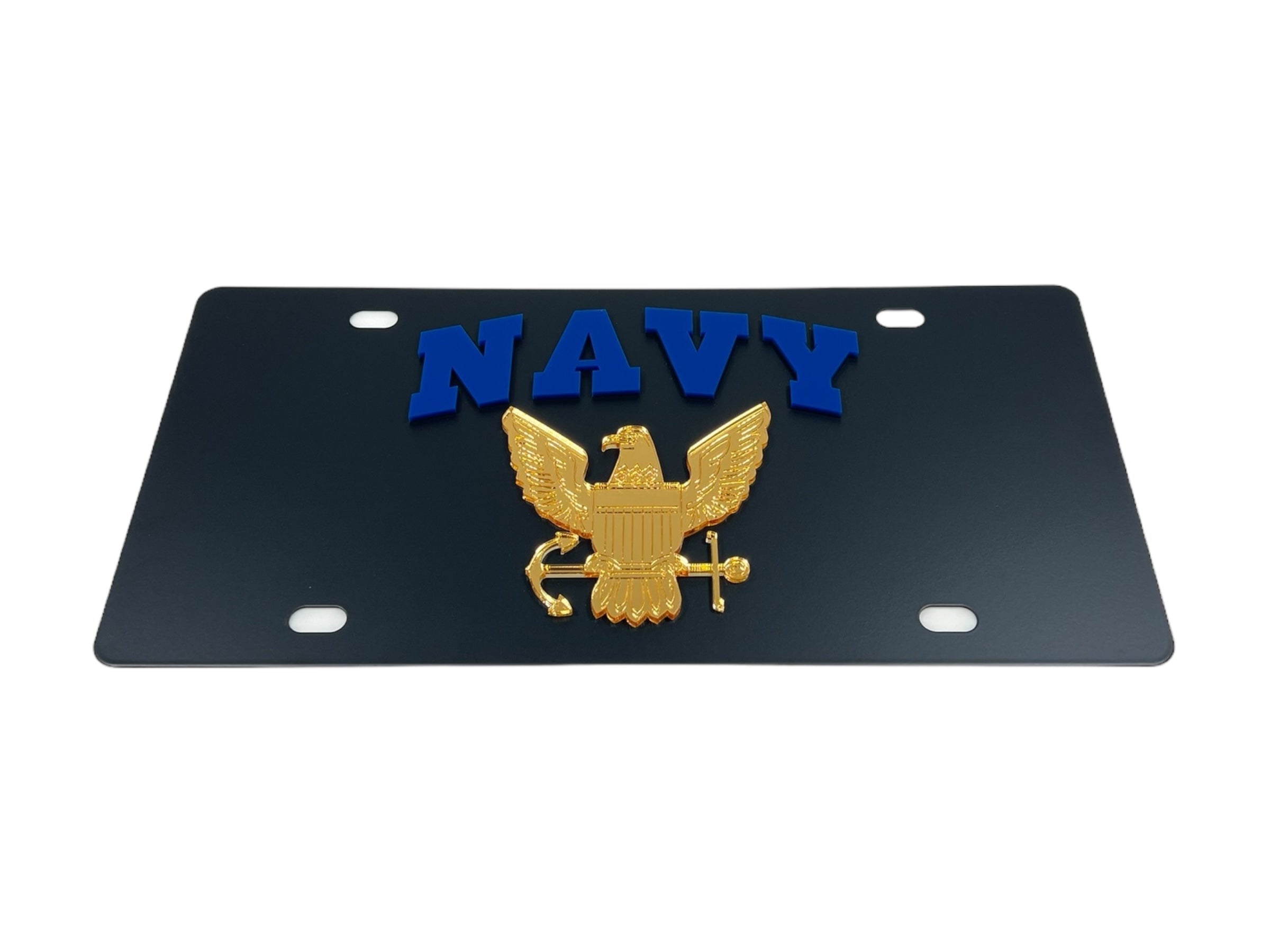 a navy license plate with an eagle on it