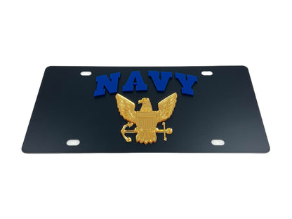 a navy license plate with an eagle on it