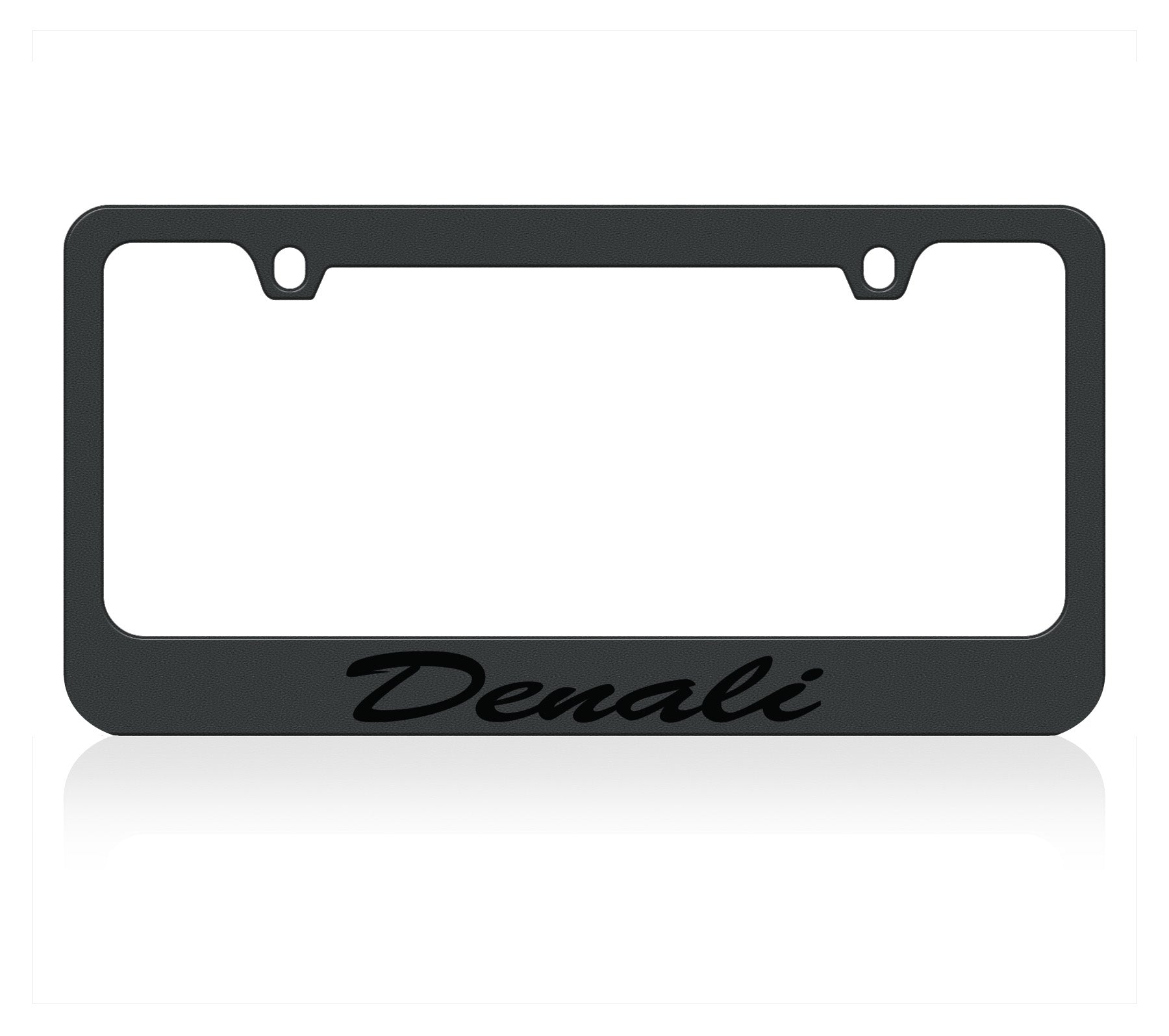 a black license plate frame with the word denali on it