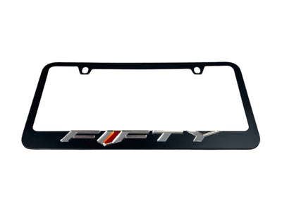 a black license plate frame with a red and white logo