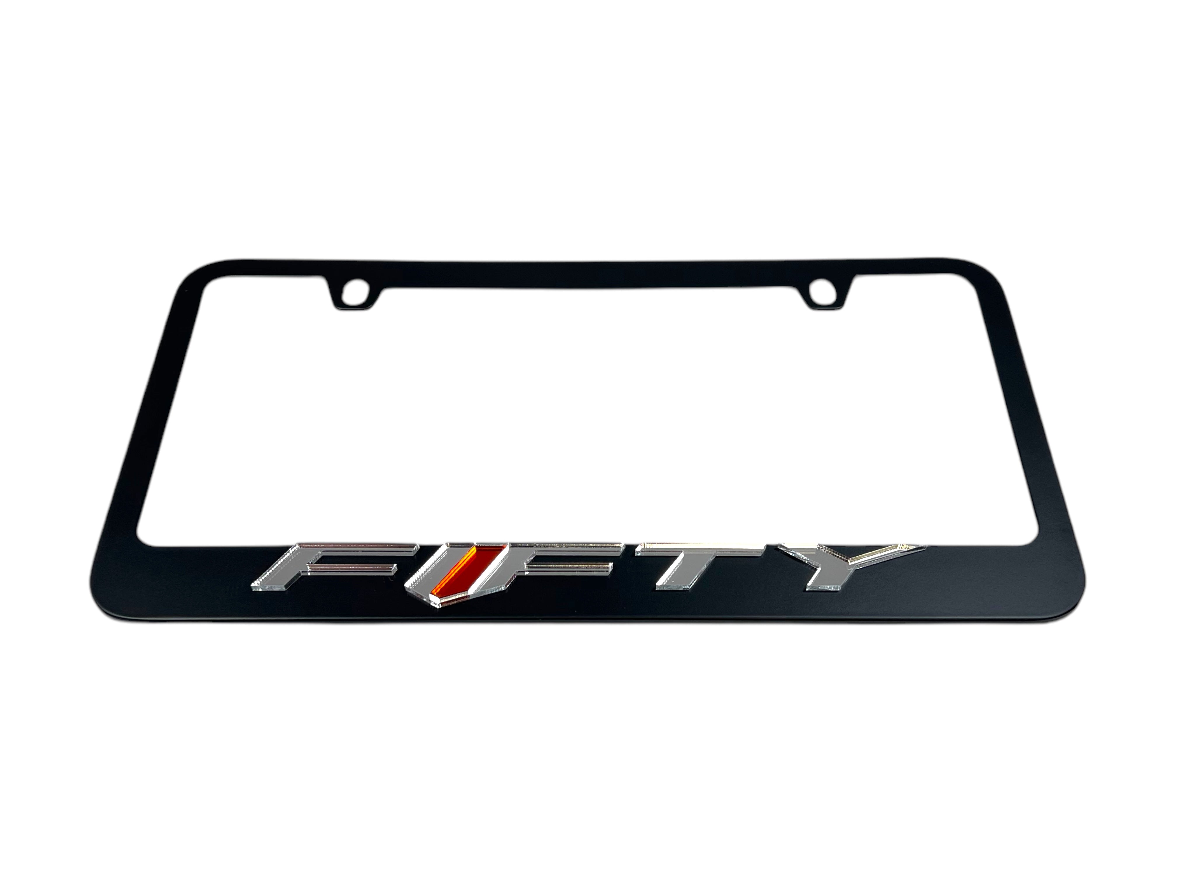 a black license plate frame with a red and white logo