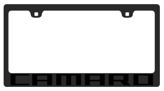 a black license plate frame with the word camaro on it