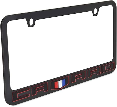 a black license plate frame with a red, white and blue emblem