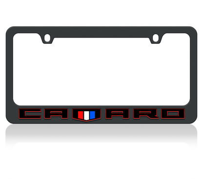 a black license plate frame with a red, white, and blue car logo